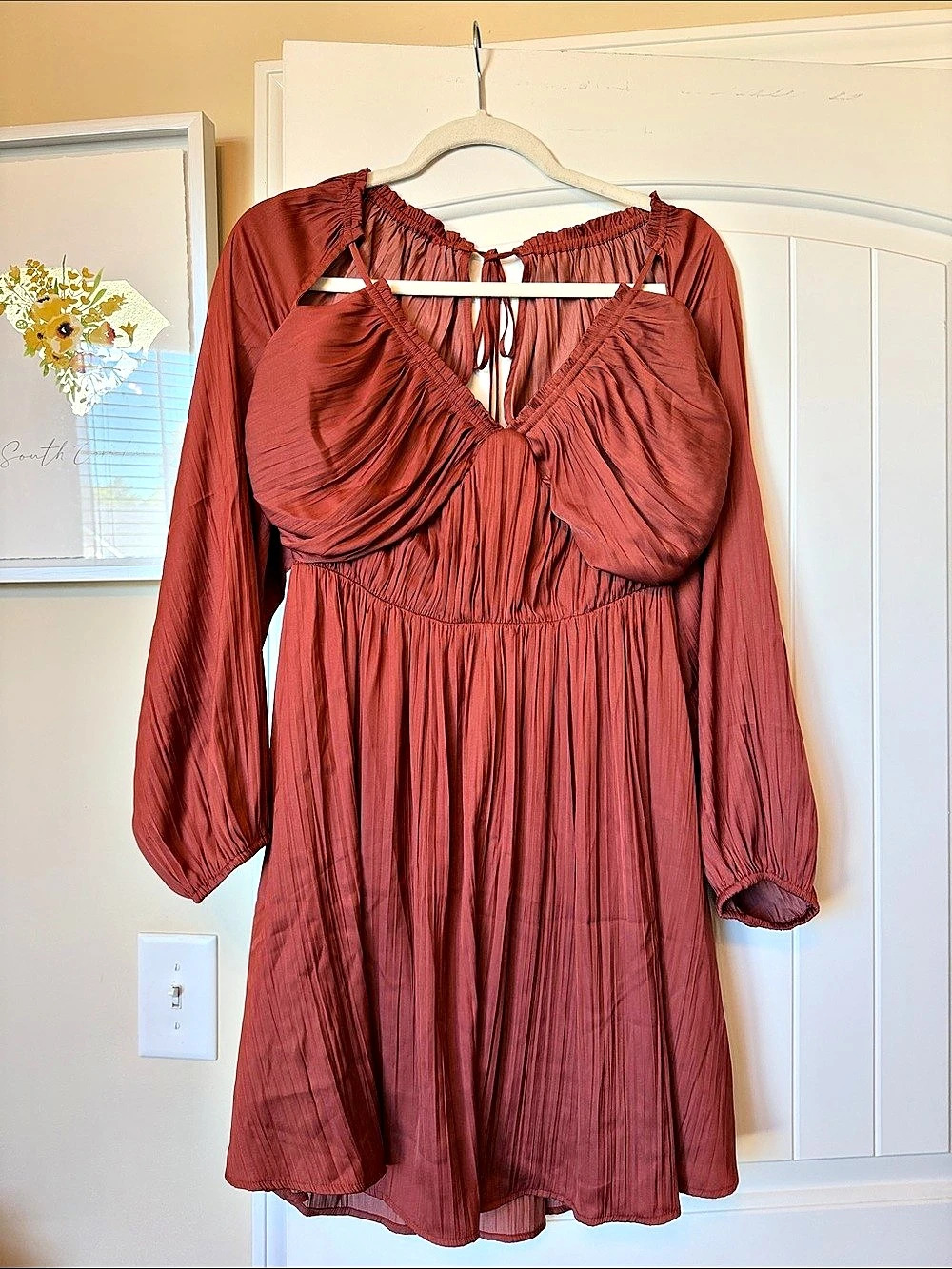 Anthropologie Ruched Mini Dress in Rusty Red Size Medium NWT